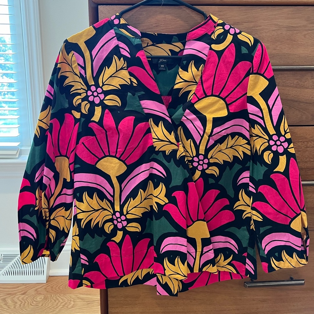 J. Crew Floral V-Neck Blouse in Pink, Magenta, Mustard and Black